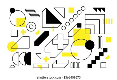 Universal trend halftone geometric shapes set juxtaposed with bright bold yellow elements composition. Design elements for Magazine, leaflet, billboard, sale