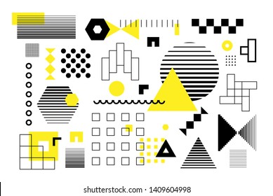 Universal trend halftone geometric shapes set juxtaposed with bright bold yellow elements composition. Design elements for Magazine, leaflet, billboard, sale