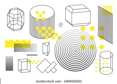 Universal trend halftone geometric shapes set juxtaposed with bright bold yellow elements composition. Design elements for Magazine, leaflet, billboard, sale