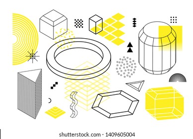 Universal trend halftone geometric shapes set juxtaposed with bright bold yellow elements composition. Design elements for Magazine, leaflet, billboard, sale