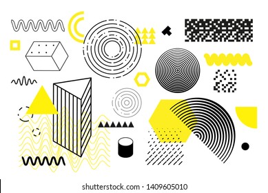 Universal trend halftone geometric shapes set juxtaposed with bright bold yellow elements composition. Design elements for Magazine, leaflet, billboard, sale