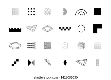 Universal trend halftone geometric shapes set juxtaposed with bright bold elements. Design elements for Logo, Magazine, leaflet, billboard, sale