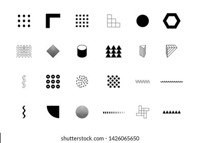 Universal trend halftone geometric shapes set juxtaposed with bright bold elements. Design elements for Logo, Magazine, leaflet, billboard, sale