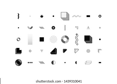 Universal trend halftone geometric shapes set juxtaposed with bright bold yellow elements composition. Design elements for Magazine, leaflet, billboard, sale