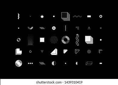 Universal trend halftone geometric shapes set juxtaposed with bright bold yellow elements composition. Design elements for Magazine, leaflet, billboard, sale