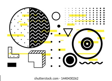 Universal trend halftone geometric shapes set juxtaposed with bright bold yellow elements composition. Design elements for Magazine, leaflet, billboard, sale