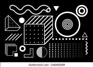 Universal trend halftone geometric shapes set juxtaposed with bright bold yellow elements composition. Design elements for Magazine, leaflet, billboard, sale