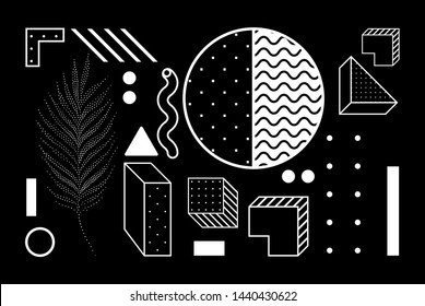 Universal trend halftone geometric shapes set juxtaposed with bright bold yellow elements composition. Design elements for Magazine, leaflet, billboard, sale