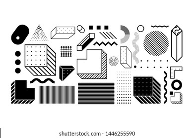 Universal trend halftone geometric shapes set juxtaposed with bright bold yellow elements composition. Design elements for Magazine, leaflet, billboard, sale