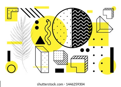 Conjunto de Formas geométricas de semitono de tendencia universal yuxtapuestas con una composición de Elementos amarillos llamativos brillantes. Elementos de diseño para Revista, folleto, cartelera, venta