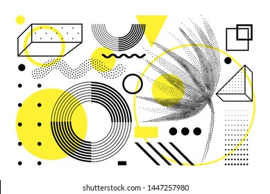 Las formas geométricas de semitonos de tendencia universal se yuxtaponen con una composición de elementos amarillo en negrita brillante. Elementos de diseño para revista, folleto, cartelera, venta