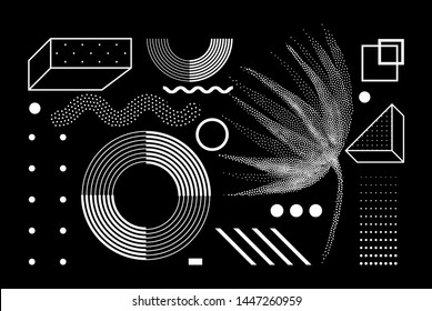 Universal trend halftone geometric shapes set juxtaposed with bright bold yellow elements composition. Design elements for Magazine, leaflet, billboard, sale