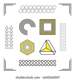 Las formas geométricas de semitonos de tendencia universal se yuxtaponen con una composición de elementos amarillo en negrita brillante. Elementos de diseño para revista, folleto, cartelera, venta