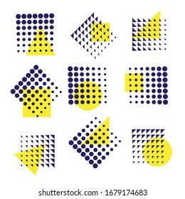 Formas geométricas de semitonos de tendencia universal con composición de elementos de color amarillo. Elementos de diseño para revista, folleto, cartelera, venta, volante, folleto - vector