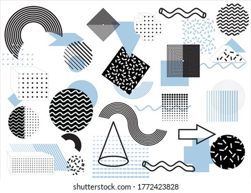 Universal trend halftone geometric shapes set juxtaposed with bright bold blue elements composition. Design elements for Magazine, leaflet, billboard, sale
