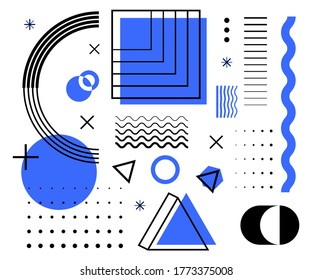 Universal trend halftone geometric shapes set juxtaposed with bright bold blue gradient elements composition. Design elements for Magazine, leaflet, billboard, sale, advertising and promotion