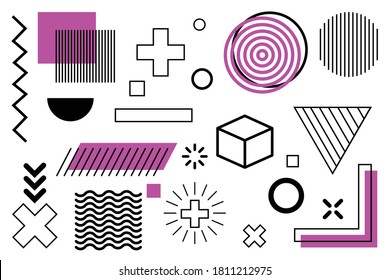 Tendencia universal formas geométricas de semitonos conjunto yuxtapuestas con composición de elementos púrpura de luz brillante. Diseñar sus elementos perfectos para Revista, volante, valla publicitaria, venta
