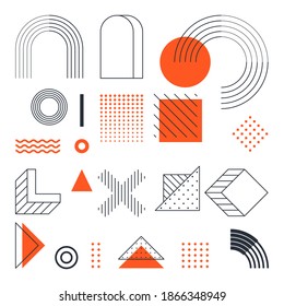 Universal trend halftone geometric shapes set juxtaposed with bright bold orange color elements composition. Design elements for Magazine, leaflet, billboard, sale, flyer, brochure - vector