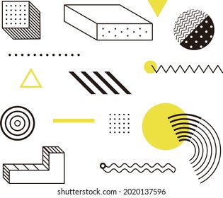 Las formas geométricas de semitonos de tendencia universal se yuxtaponen con la composición de elementos amarillo negrita brillante. Elementos de diseño para la revista, folleto, cartelera, venta
