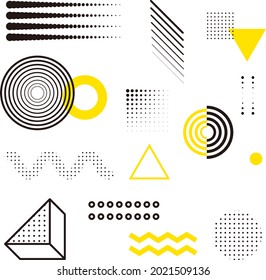 Universal trend halftone geometric shapes set juxtaposed with bright bold yellow elements composition. Design elements for Magazine, leaflet, billboard, sale