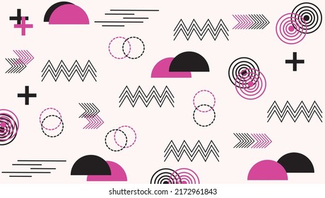 Universal trend halftone geometric shapes set juxtaposed with bright bold pink and black elements composition. Design elements for Magazine, leaflet, billboard, sale.