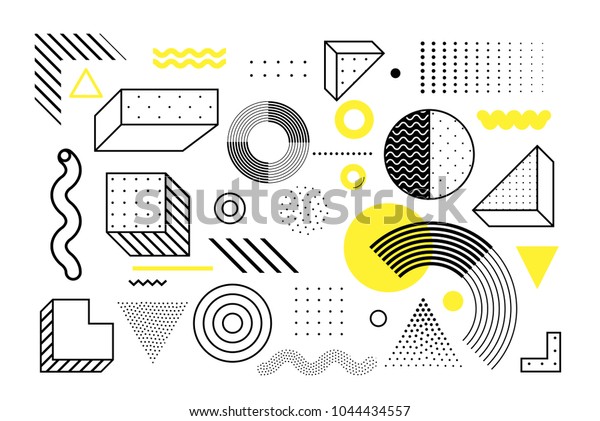 Universal trend halftone geometric shapes\
set juxtaposed with bright bold yellow elements composition. Design\
elements for Magazine, leaflet, billboard,\
sale