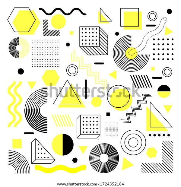 Universal trend\
halftone geometric shapes set juxtaposed with bright light yellow\
elements composition. Design yhis elements perfect for Magazine,\
leaflet, billboard,\
sale