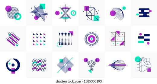Universal trend halftone geometric vector icon shapes set with bright colorful elements composition. Design elements for Magazine, leaflet, billboard, sale