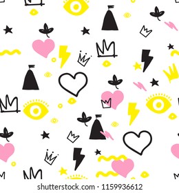 Universal trend hand drawing seamless pattern. Trendy doodles shapes juxtaposed with bright bold elements composition. Design for Magazine Leaflet Billboard Sale Advertisement Stickers Wall everywhere