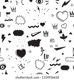 Universal trend hand drawing seamless pattern. Trendy doodles shapes juxtaposed with bright bold elements composition. Design for Magazine Leaflet Billboard Sale Advertisement Stickers Wall everywhere