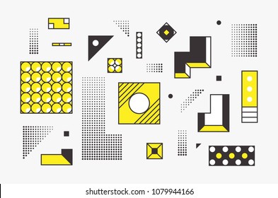 Universal trend linear geometric shapes set with halftone elements, bright bold yellow decorative composition. Design for Magazine, leaflet, billboard, sale