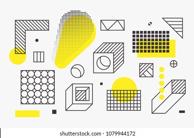 Universal trend linear geometric shapes set with halftone elements, bright bold yellow decorative composition. Design for Magazine, leaflet, billboard, sale