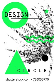 Universal trend pattern juxtaposed with bright bold geometric green leaves foliage elements composition. Poster Background in restrained sustained tempered style. Magazine, leaflet, billboard, sale