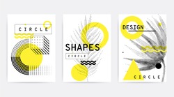 Universal Trend Pattern Set Juxtaposed With Bright Bold Geometric Leaves Foliage Yellow Elements Composition. Background In Restrained Sustained Tempered Style. Magazine, Leaflet, Billboard, Sale
