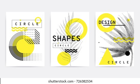 Universal trend pattern set juxtaposed with bright bold geometric leaves foliage yellow elements composition. Background in restrained sustained tempered style. Magazine, leaflet, billboard, sale