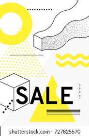Universal trend poster with bright bold geometric yellow elements, chaotic composition in restrained sustained tempered style. Easy editable clipping mask. Magazine, leaflet, ad, typography, print