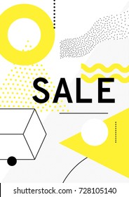Universal trend poster with bright bold geometric yellow elements, chaotic composition in restrained sustained tempered style. Easy editable clipping mask. Magazine, leaflet, ad, typography, print