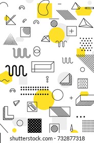 Universal trend poster with bright bold geometric yellow elements, chaotic composition, restrained sustained tempered style. Easy editable clipping mask. Magazine, leaflet, ad, typography, print - Shutterstock ID 732877318