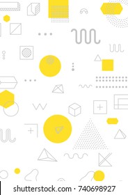 Universal trend poster with bright bold geometric yellow elements, chaotic composition, restrained sustained tempered style. Easy editable clipping mask. Magazine, leaflet, ad, typography, print