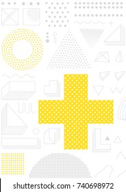 Universal trend poster with bright bold geometric yellow elements, chaotic composition, restrained sustained tempered style. Easy editable clipping mask. Magazine, leaflet, ad, typography, print
