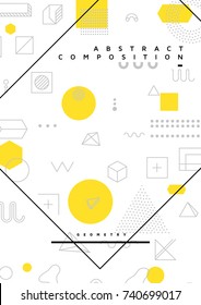 Universal trend poster with bright bold geometric yellow elements, chaotic composition, restrained sustained tempered style. Easy editable clipping mask. Magazine, leaflet, ad, typography, print