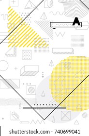 Universal trend poster with bright bold geometric yellow elements, chaotic composition, restrained sustained tempered style. Easy editable clipping mask. Magazine, leaflet, ad, typography, print