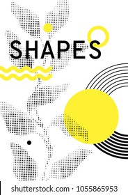 Universal trend poster juxtaposed with bright bold geometric leaves foliage yellow elements composition. Background in restrained sustained tempered style. Magazine, leaflet, billboard, sale