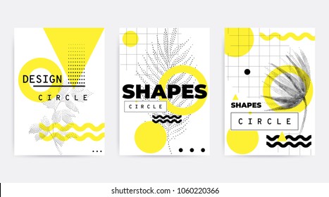 Universal trend poster juxtaposed with bright bold geometric leaves foliage yellow elements composition. Background in restrained sustained tempered style. Magazine, leaflet, billboard, sale