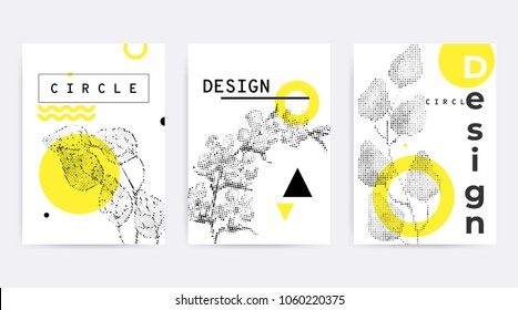 Universal trend poster juxtaposed with bright bold geometric leaves foliage yellow elements composition. Background in restrained sustained tempered style. Magazine, leaflet, billboard, sale