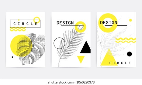 Universal trend poster juxtaposed with bright bold geometric leaves foliage yellow elements composition. Background in restrained sustained tempered style. Magazine, leaflet, billboard, sale