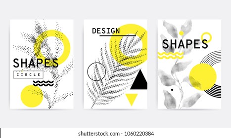 Universal trend poster juxtaposed with bright bold geometric leaves foliage yellow elements composition. Background in restrained sustained tempered style. Magazine, leaflet, billboard, sale