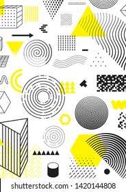 Universal trend poster juxtaposed with bright bold geometric black, white and yellow elements composition. Background in restrained sustained tempered style. Magazine, leaflet, billboard, sale