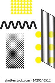 Universal trend poster juxtaposed with bright bold geometric black, white and yellow elements composition. Background in restrained sustained tempered style. Magazine, leaflet, billboard, sale