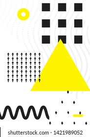 Universal trend poster juxtaposed with bright bold geometric black, white and yellow elements composition. Background in restrained sustained tempered style. Magazine, leaflet, billboard, sale